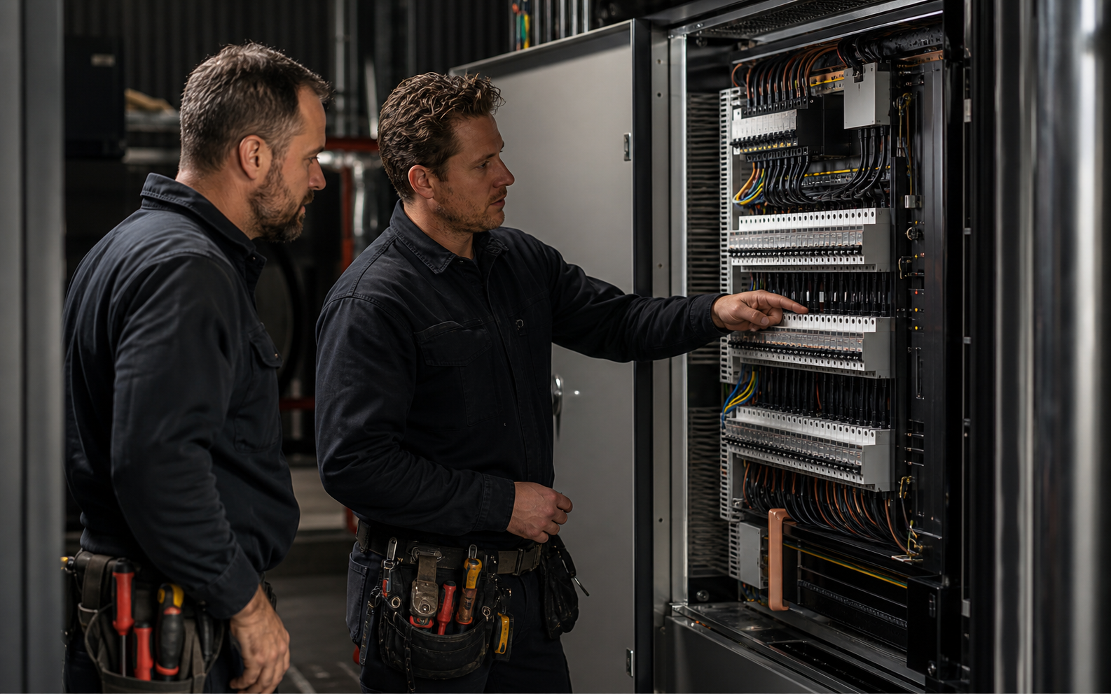 Two electricians inspecting a completed commercial switchboard